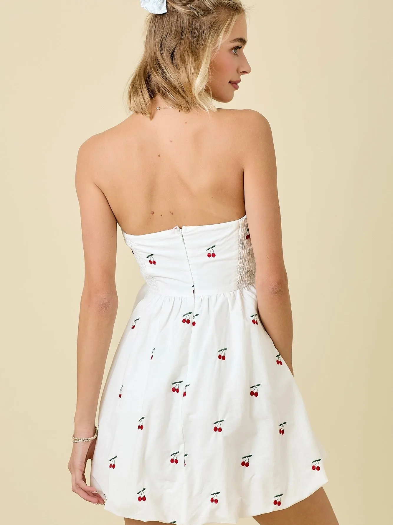 Cherry Poplin Bubble Hem Dress