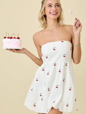 Cherry Poplin Bubble Hem Dress