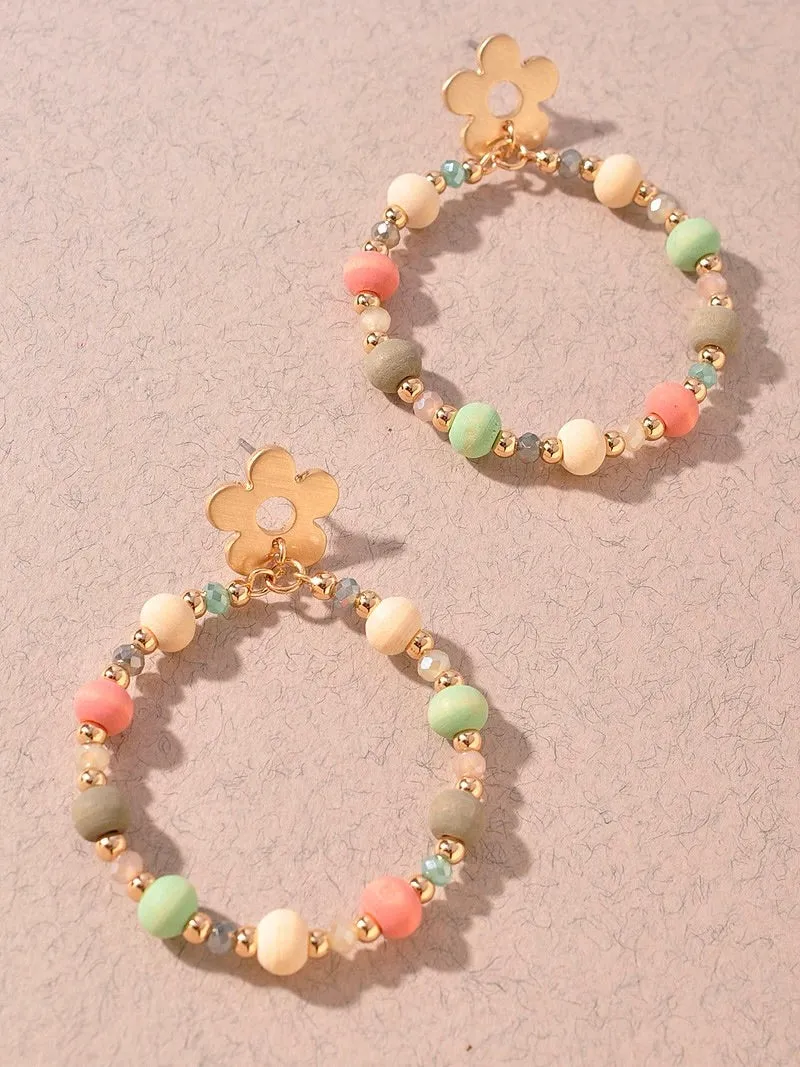 Flower Wood Bead Ring Earrings