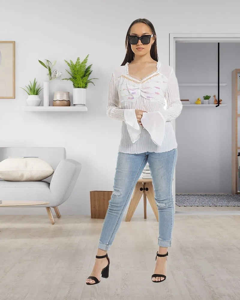 Ladies White Fit/Flare Sleeve Blouse