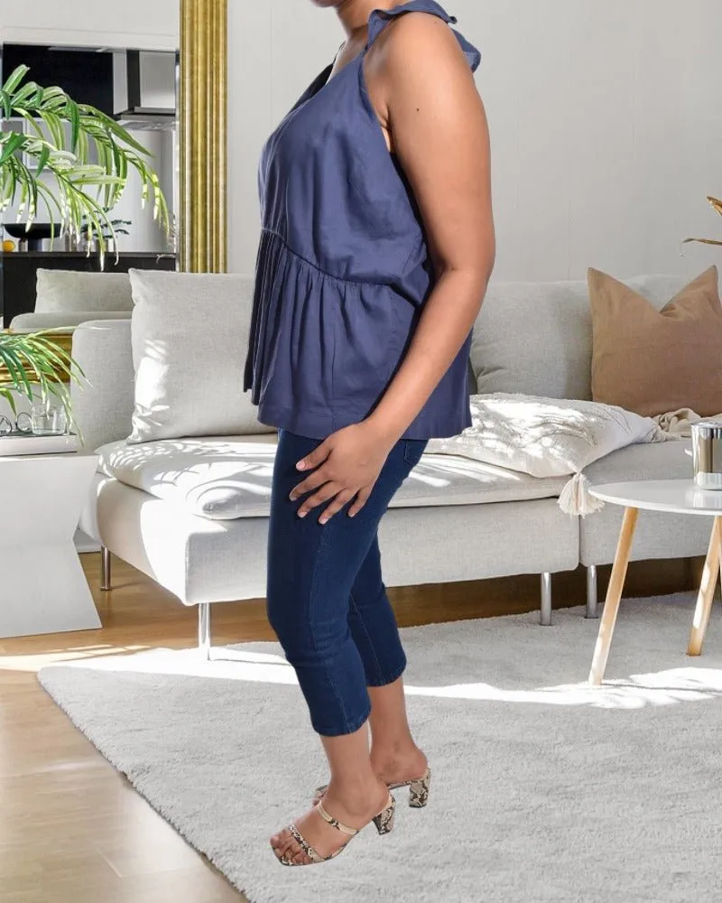 Navy Sleeveless Ruffle Top