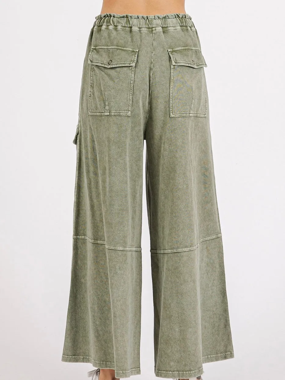 Washed French Terry Cargo Wide Pants