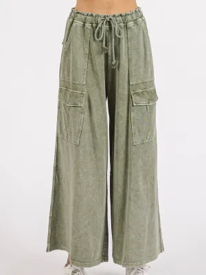 Washed French Terry Cargo Wide Pants