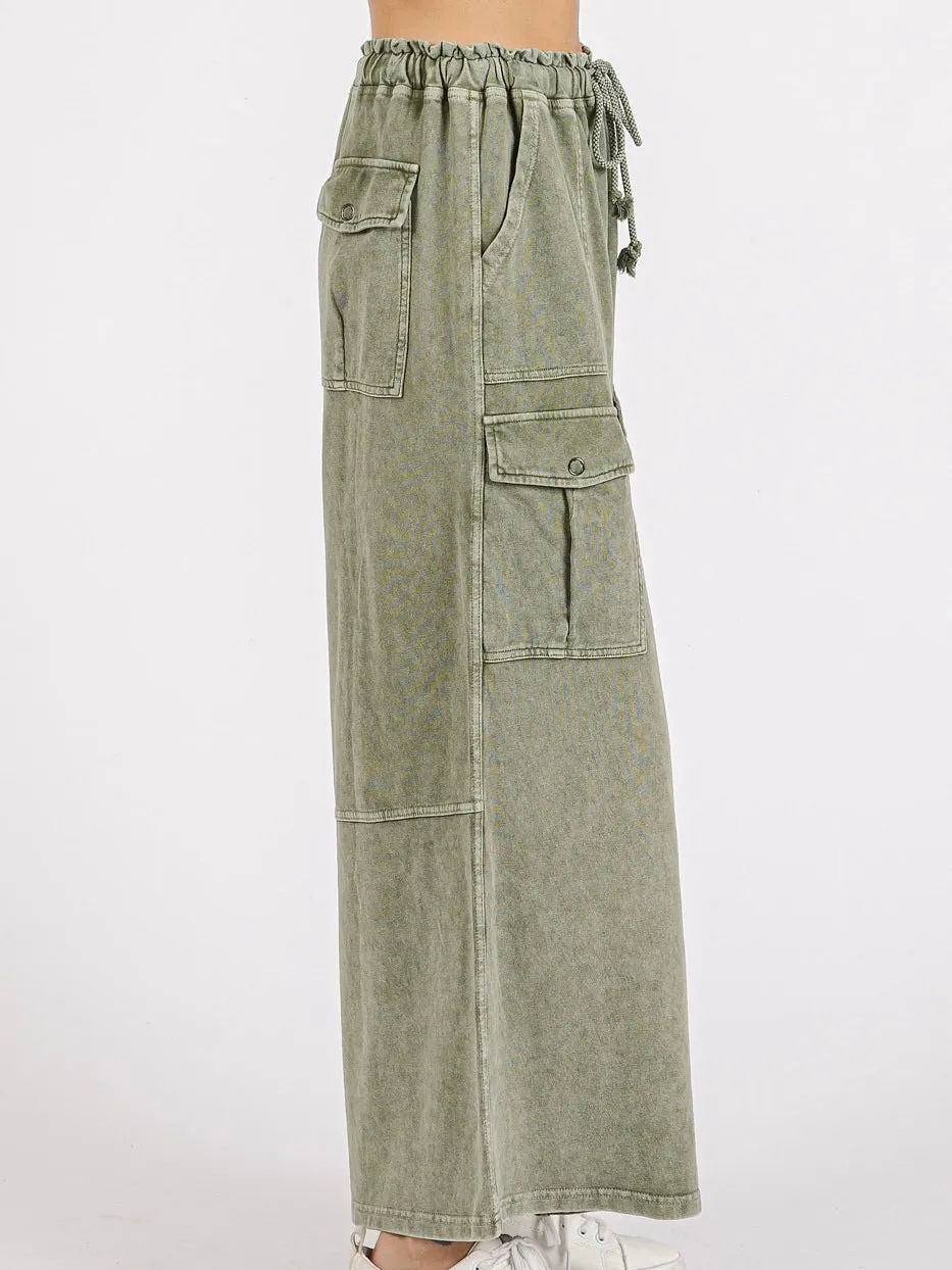 Washed French Terry Cargo Wide Pants